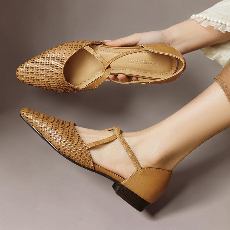 Dona heeled slingback shoes, tan-brown woven upper, low block heel, pointed toe