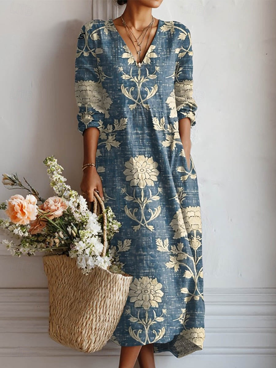 Karin comfort daily dress, blue with beige floral, V-neck, long sleeves, knee-length