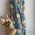 Karin comfort daily dress, blue with beige floral, V-neck, long sleeves, knee-length