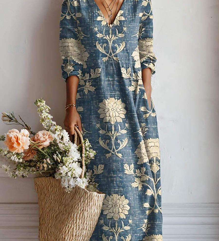 Karin comfort daily dress, blue with beige floral, V-neck, long sleeves, knee-length