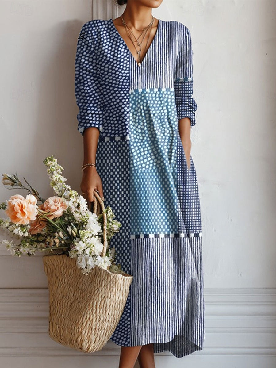 Esra daily comfort dress: V-neck long-sleeve midi with blue-and-white geometric print.