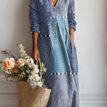 Esra daily comfort dress: V-neck long-sleeve midi with blue-and-white geometric print.