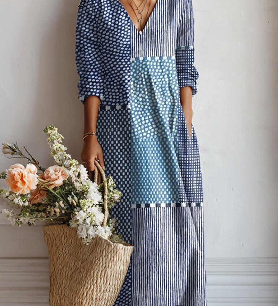 Esra daily comfort dress: V-neck long-sleeve midi with blue-and-white geometric print.
