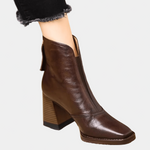 Brown ankle boot with medium block heel and side zipper, leather-look upper
