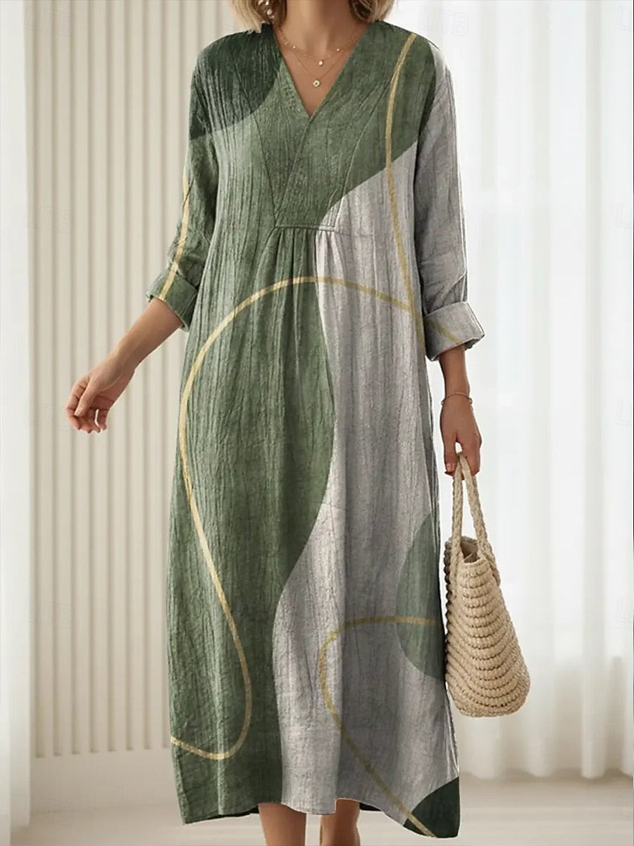 Women’s daily comfort dress, V-neck, three-quarter sleeves, green and gray patchwork