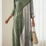 Women’s daily comfort dress, V-neck, three-quarter sleeves, green and gray patchwork