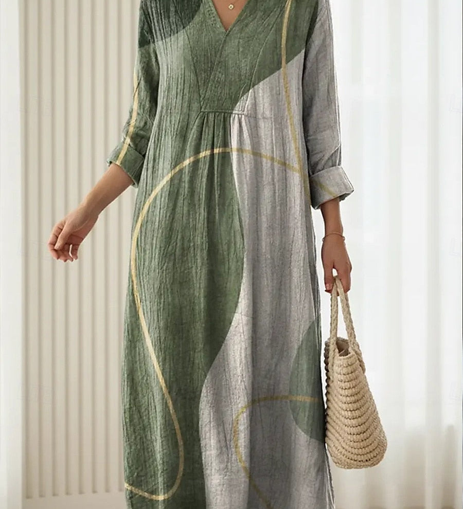 Women’s daily comfort dress, V-neck, three-quarter sleeves, green and gray patchwork