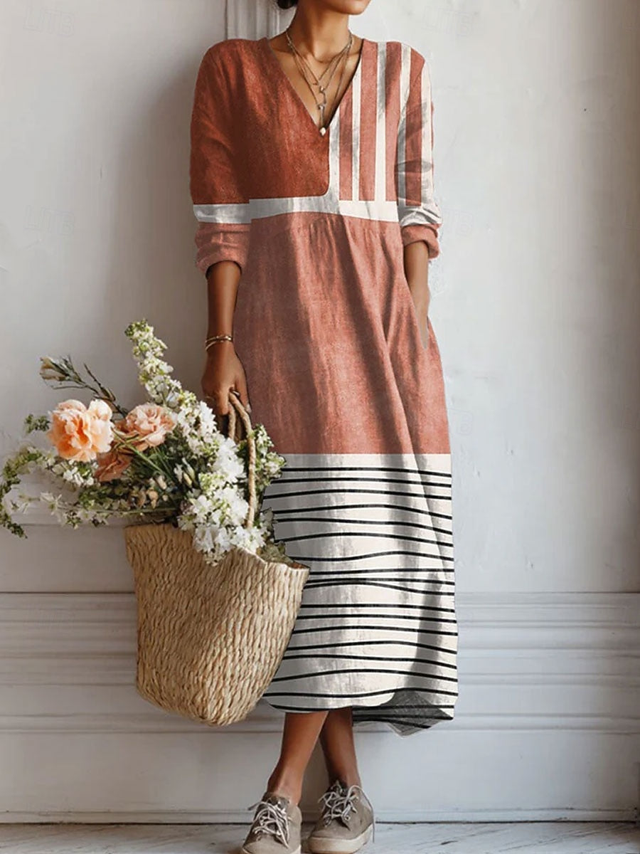 Rust-brown comfort dress with striped panel and V-neck, 3/4 sleeves, knee length