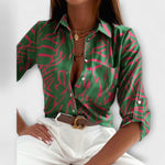 Classic collar button-front blouse with green abstract line print and long sleeves