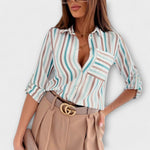 Classic collar button-front blouse with vertical pastel stripe pattern and long sleeves