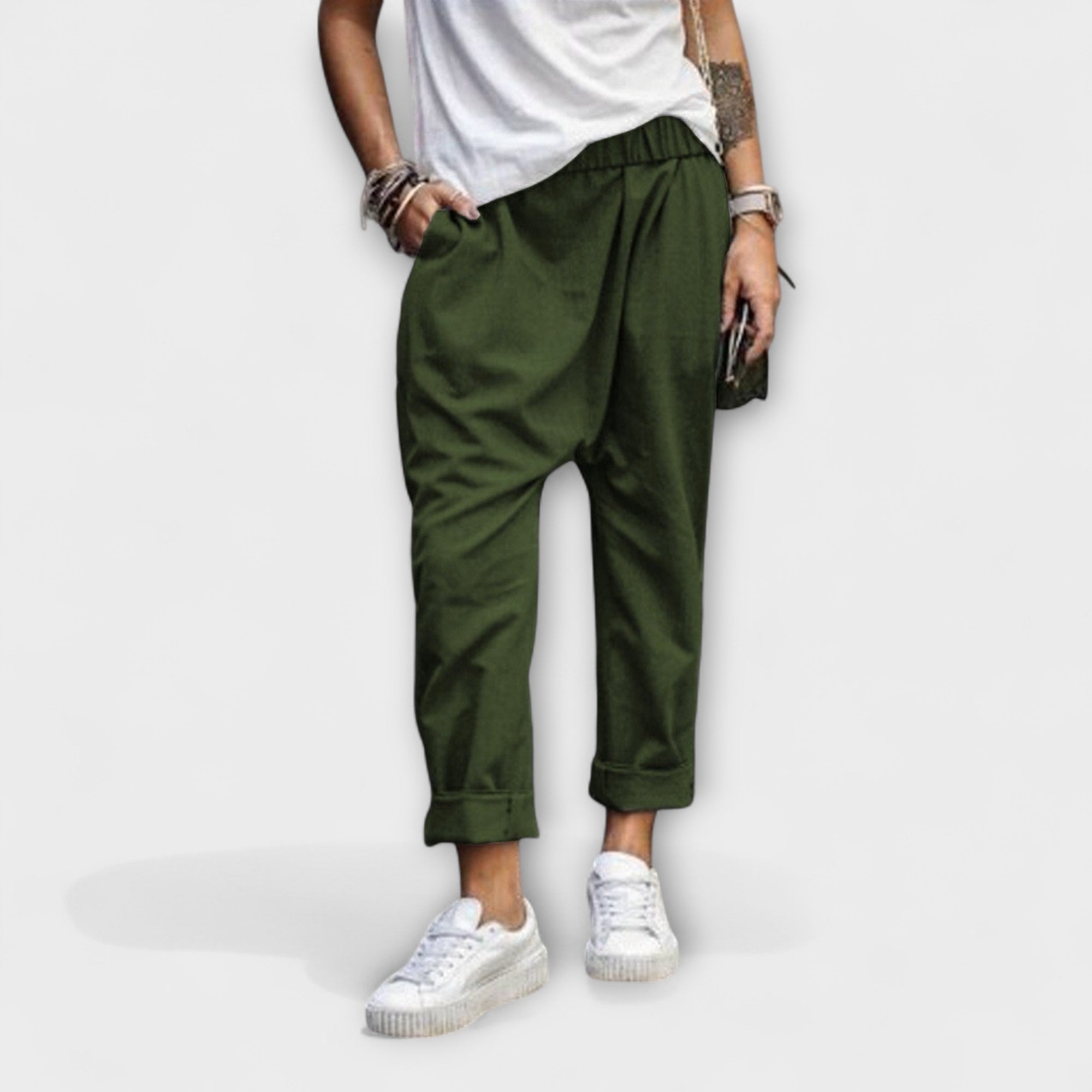 Olive green wide-leg pants with cuffed ankles and relaxed, roomy legs.