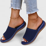 Women’s breathable orthopedic navy slide sandals with open toe, knit upper, ankle chain
