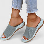 Women’s breathable orthopedic light blue-gray slide sandals with open toe and knit upper