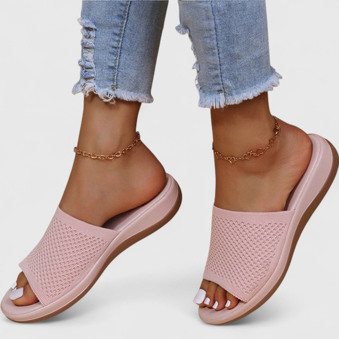 Women’s breathable orthopedic pink slide sandals with open toe, textured knit upper