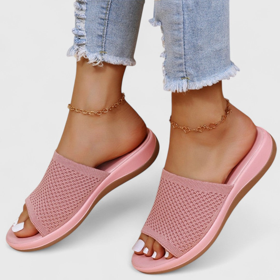 Women’s breathable orthopedic pink slide sandals with open toe, knit upper, ankle chain