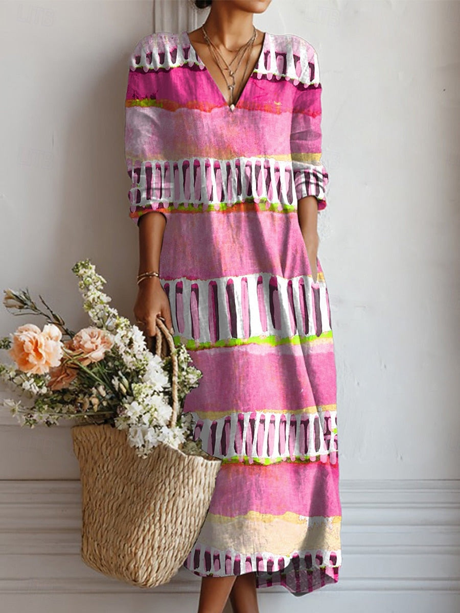 Women’s comfort daily dress in pink and purple stripes, V-neck, 3/4 sleeves