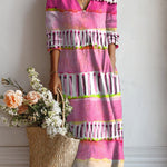 Women’s comfort daily dress in pink and purple stripes, V-neck, 3/4 sleeves
