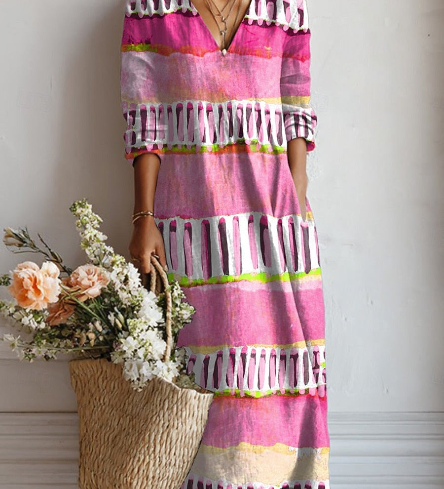 Women’s comfort daily dress in pink and purple stripes, V-neck, 3/4 sleeves